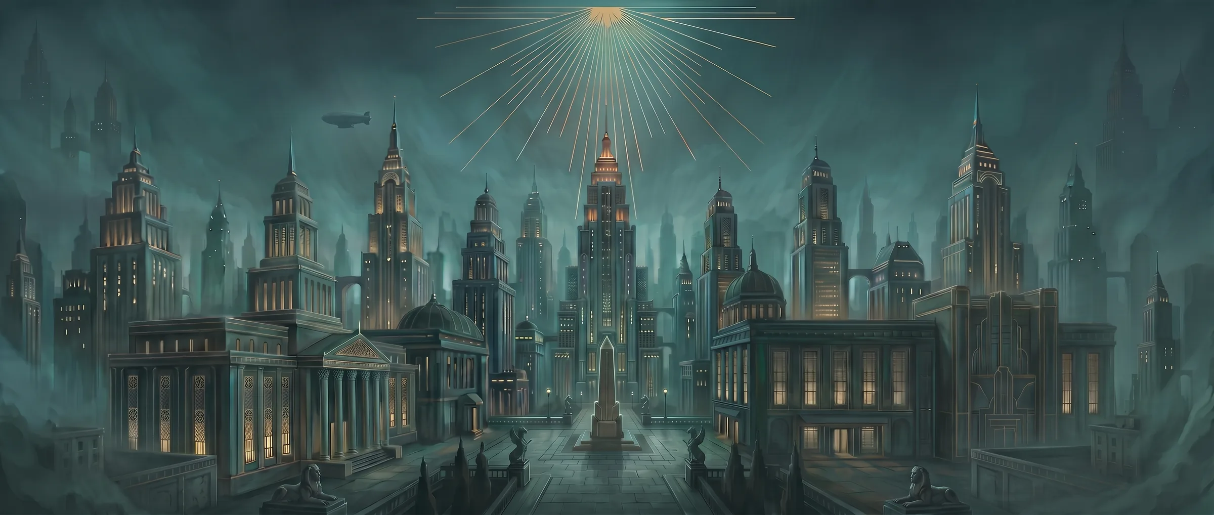 Art Deco skyline over teal water with a gold-lit central tower